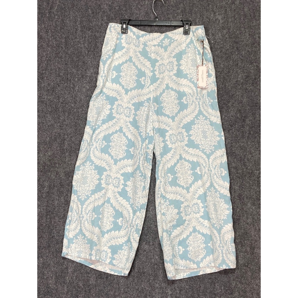 Laura Ashley XL Women's Blue White Floral 100% Linen Wide Leg Cropped Pants NWT‎